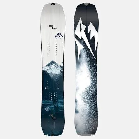Two snowboards with mountain and abstract designs, one in white and blue, the other in black and white.