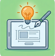 A digital tablet displaying a sign layout template on a light green background. A glowing lightbulb and a drafting pen hover above the screen to symbolize the custom planning and design process.