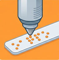 A close-up illustration of a 3D printer nozzle extruding raised orange braille dots onto a smooth white nameplate against an orange background.