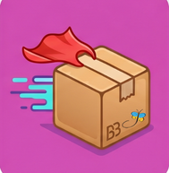 A sealed brown cardboard delivery box wearing a small red superhero cape, moving quickly forward with motion lines behind it on a magenta background