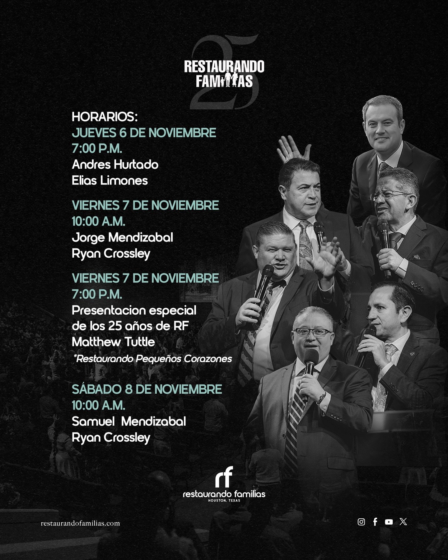 Con mucha expectativa de lo que Dios har&aacute; en los 25 a&ntilde;os de aniversario de Restaurando Familias en Houston, Texas.  Adjunto les compartimos el horario de RF. Ser&aacute;n 3 d&iacute;as donde Dios har&aacute; grandes maravillas! Les espe