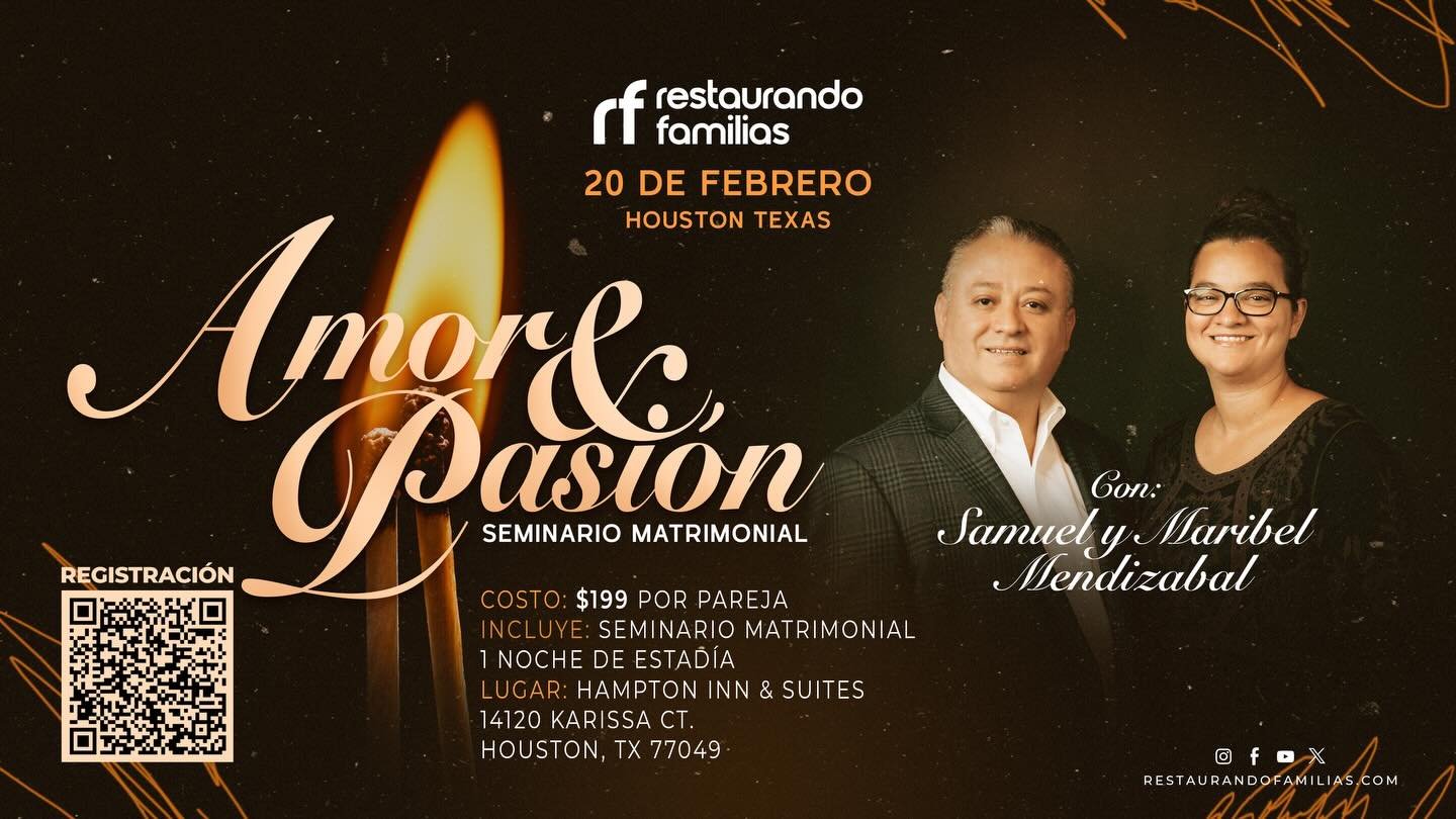 &iexcl;Est&aacute;n cordialmente invitados al Seminario Matrimonial &ldquo;Amor y Pasi&oacute;n&rdquo;! En Houston, Texas. 

Queremos invitarles a ser parte de este hermoso tiempo para fortalecer su relaci&oacute;n y renovar su amor. Tendremos un for