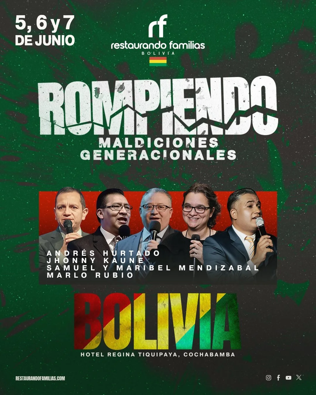 &iexcl;Esta semana prep&aacute;rese para Restaurando Familias en BOLIVIA! 

📍Hotel Regina Tiquipaya
Cochabamba, Bolivia

Viernes 7:00PM
S&aacute;bado 10:00AM 
S&aacute;bado 5:00PM | 6:00PM
Domingo 10:00AM 

Restaurando Peque&ntilde;os Corazones ser&