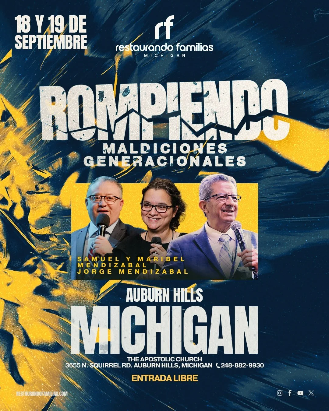 Atenci&oacute;n Michigan! 
Marque su calendario! El 18 y 19 de Septiembre tendremos una vez m&aacute;s el Congreso Restaurando Familias  en Auburn Hills, Michigan. Invitamos a todos los j&oacute;venes, y familias a este gran congreso familiar.  Los e