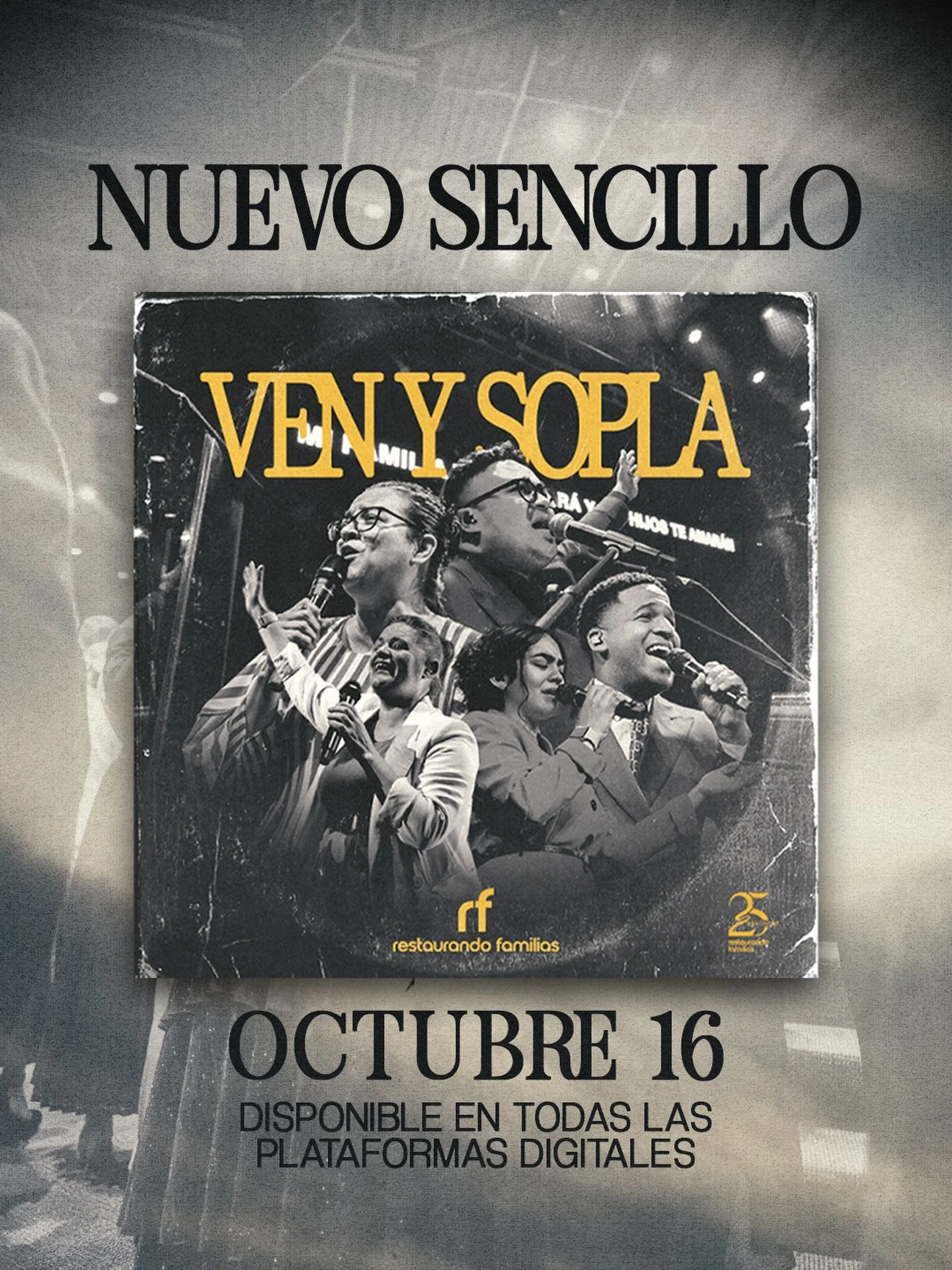 Este Viernes 16 de Octubre saldr&aacute; la canci&oacute;n &ldquo;Ven y Sopla&rdquo; de la grabaci&oacute;n en vivo de los 25 a&ntilde;os de Aniversario, con Maribel Mendizabal, Luis Pacheco y todo el grupo musical de rf. 

Estar&aacute; disponible e