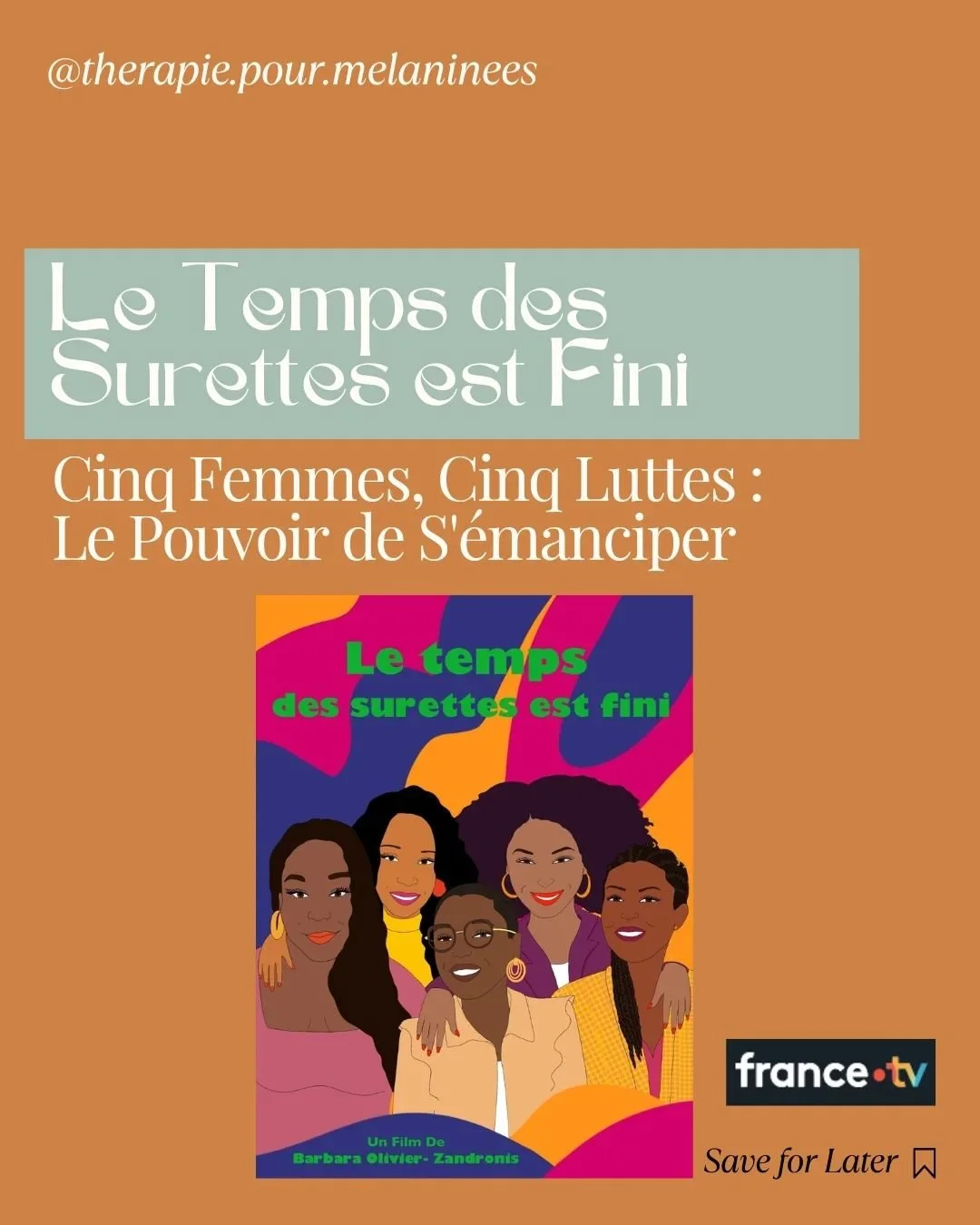 La s&eacute;rie documentaire est disponible gratuitement sur @france.tv !

Un documentaire propos&eacute; par @barbara.olivier.10 
Les histoires de 5 femmes : 
@wonderose___ 
@_milenepaul_ 
@alizelavie 
@iamcoachmeena 
@therapie.pour.melaninees