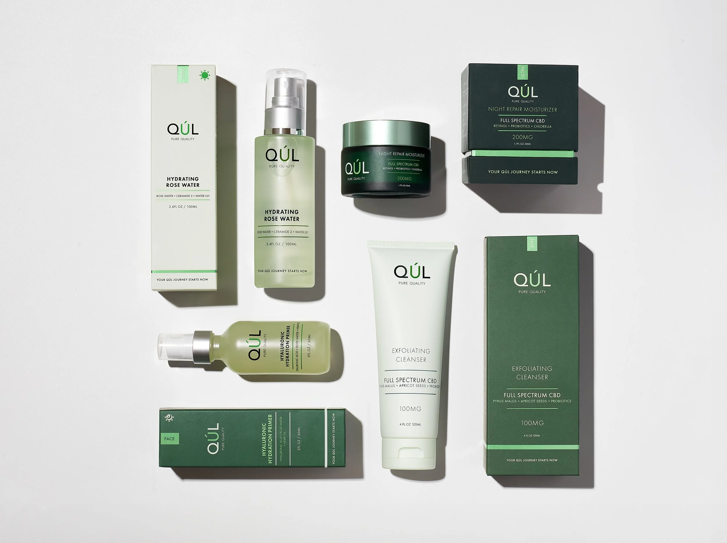 QUL skincare products including hydrating rose water, night repair moisturizer, hyaluronic hydroquinone serum, and exfoliating cleanser with full spectrum CBD.