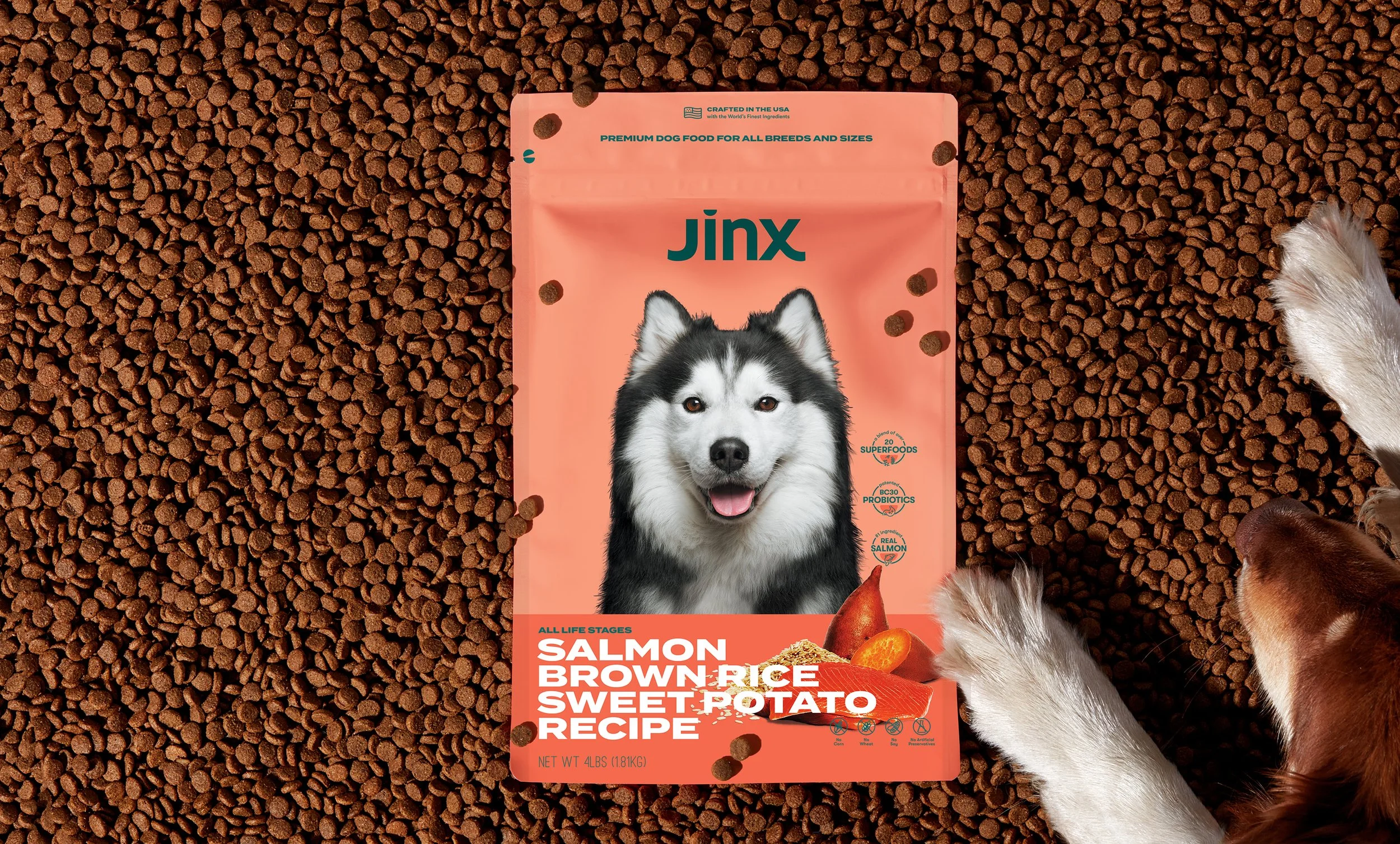 Bag of Jinx dog food with salmon, brown rice, and sweet potato on kibble background, dog paws visible.