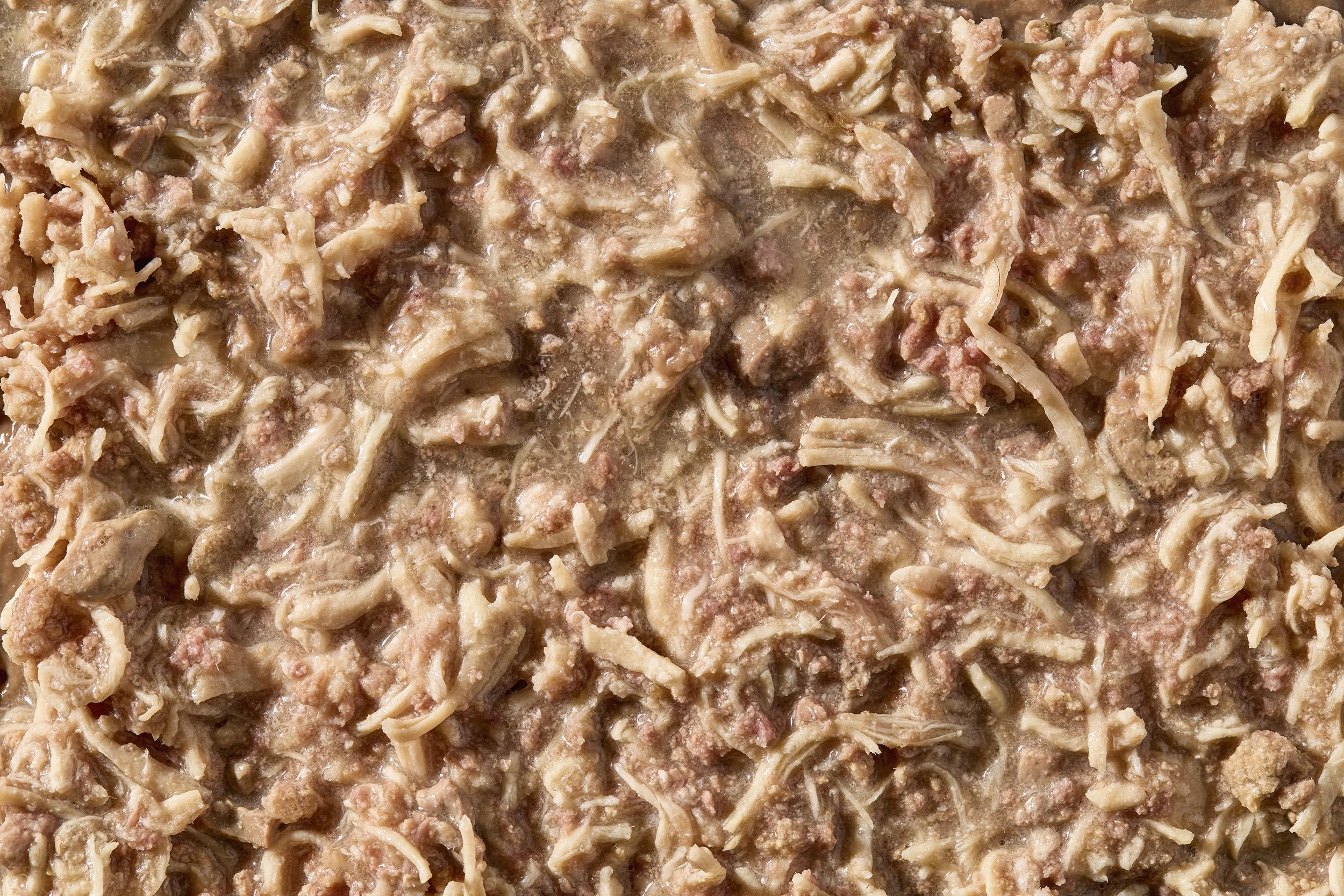 Close-up of cooked meat and shredded meat mixture.