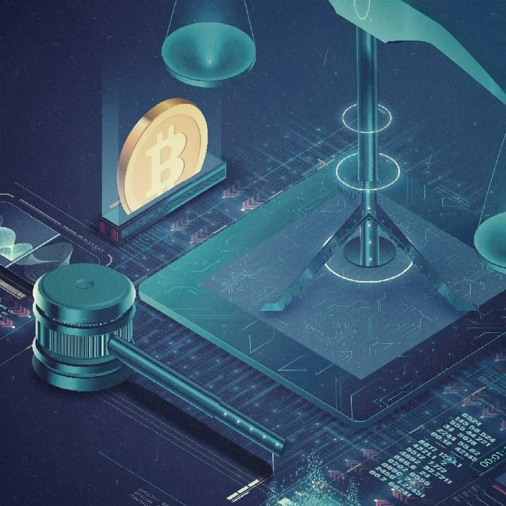 Digital illustration of circuitry-based city with glowing Bitcoin.