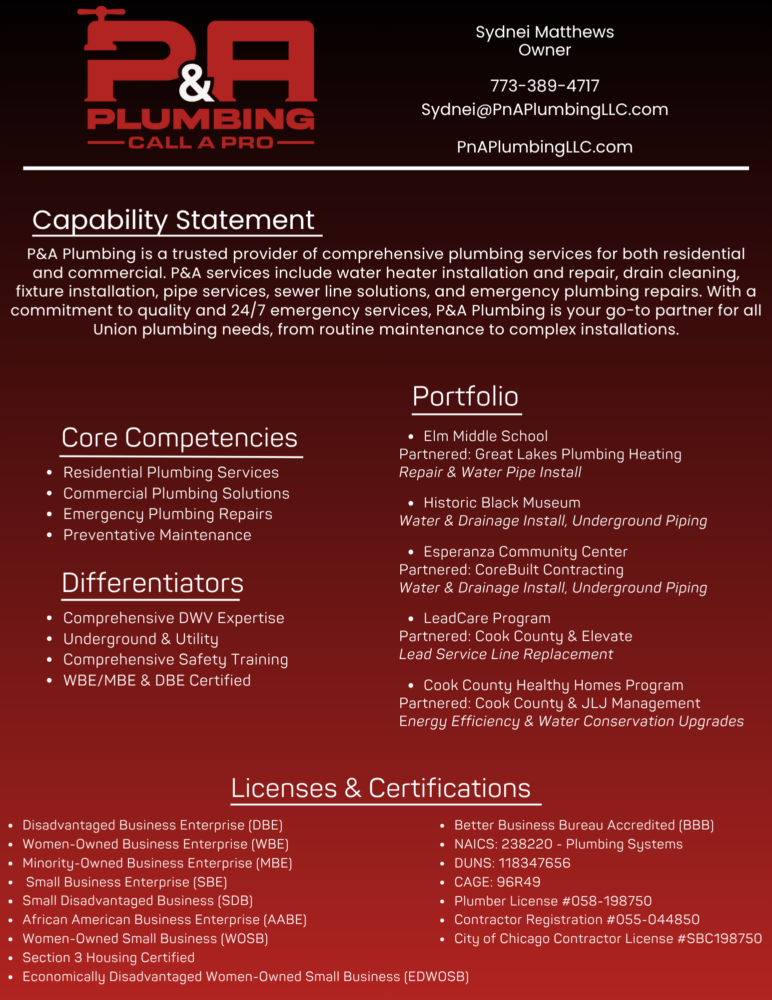 Business card for P&A Plumbing featuring company name, logo, owner contact information, capability statement, core competencies, portfolio projects, licenses, and certifications.