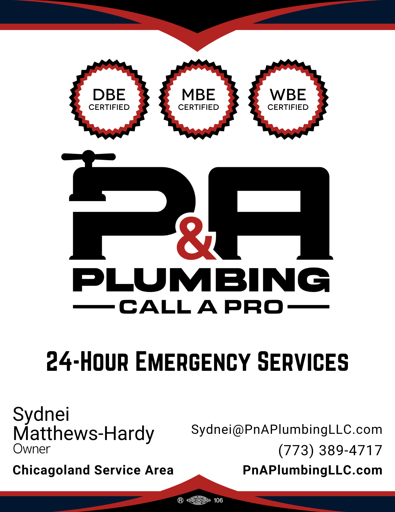 Business card for P&A Plumbing featuring contact information, certifications, and 24-hour emergency services