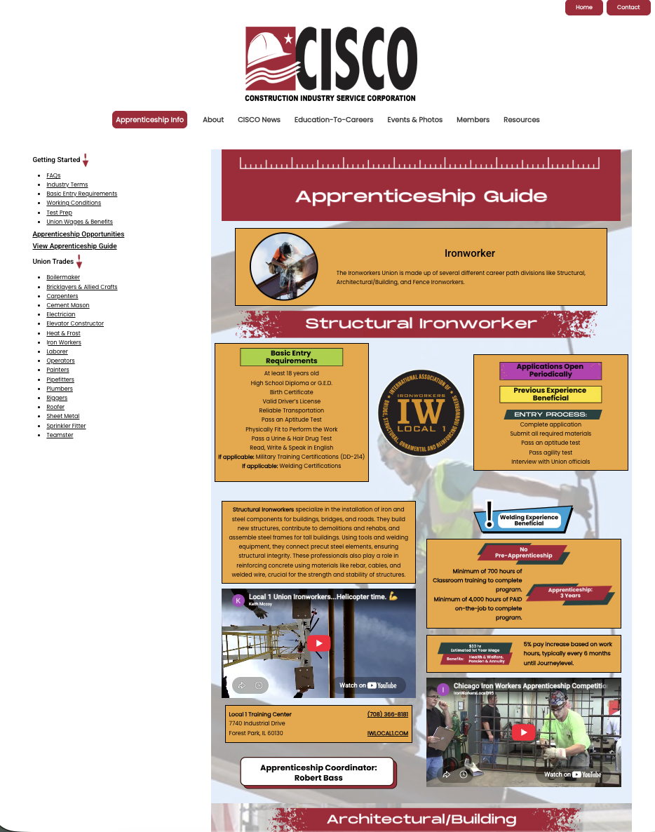 A webpage about ironworker apprenticeships with guides, videos, logos, and links on a red and yellow themed layout.