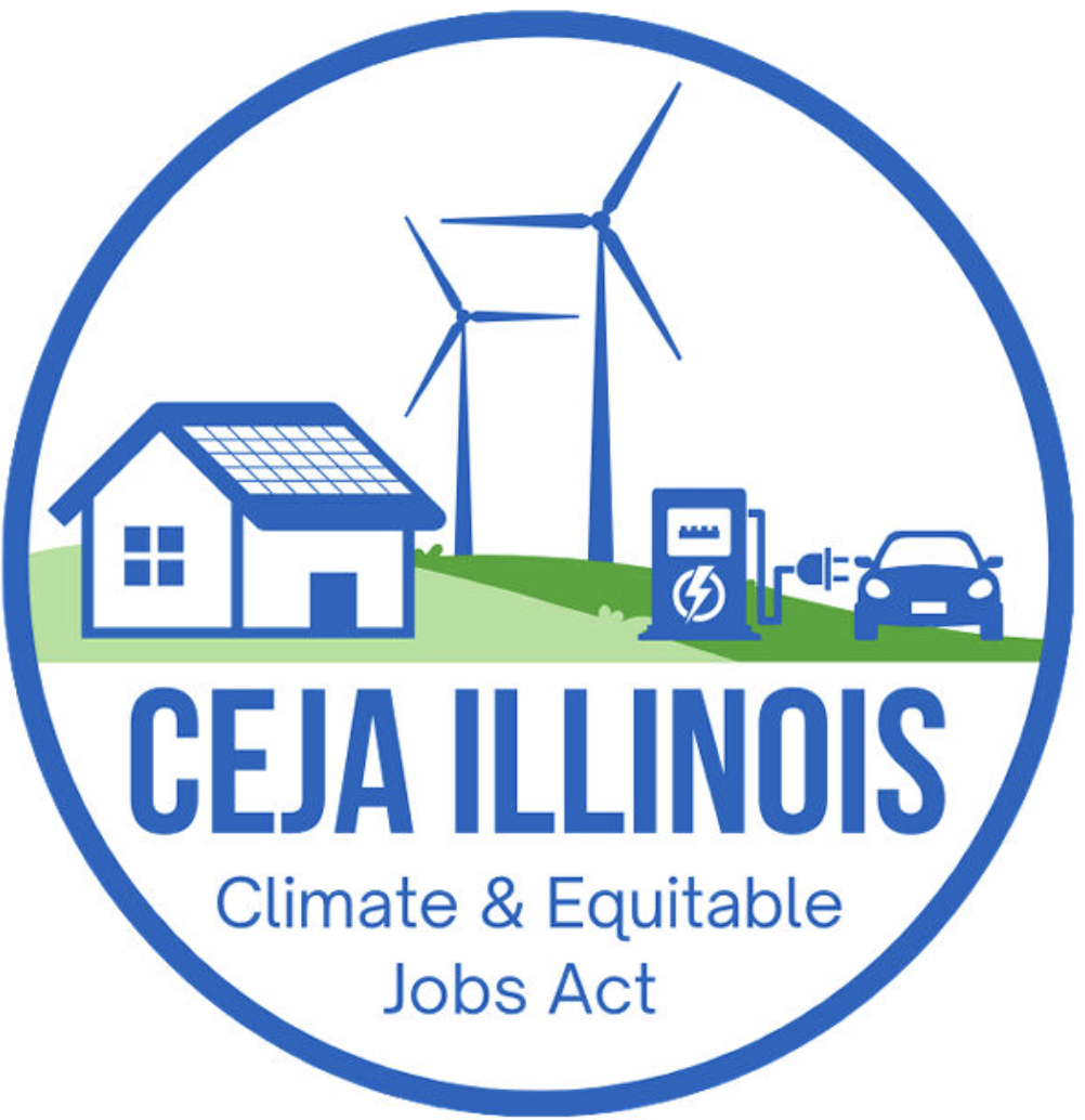 Logo for CEJA Illinois featuring illustrations of a house with solar panels, wind turbines, an electric vehicle charging station, and a car, with the words 'CEJA Illinois Climate & Equitable Jobs Act'.