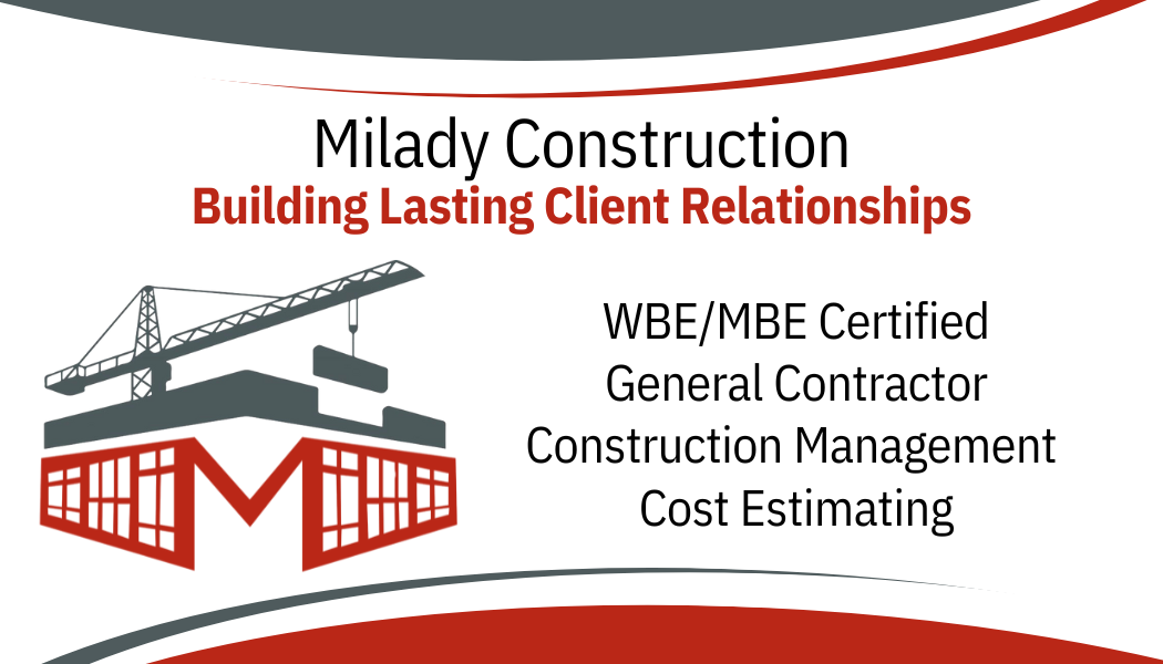Business card for Milady Construction with a crane graphic, highlighting services in building client relationships, certified general contractor, construction management, and cost estimating.