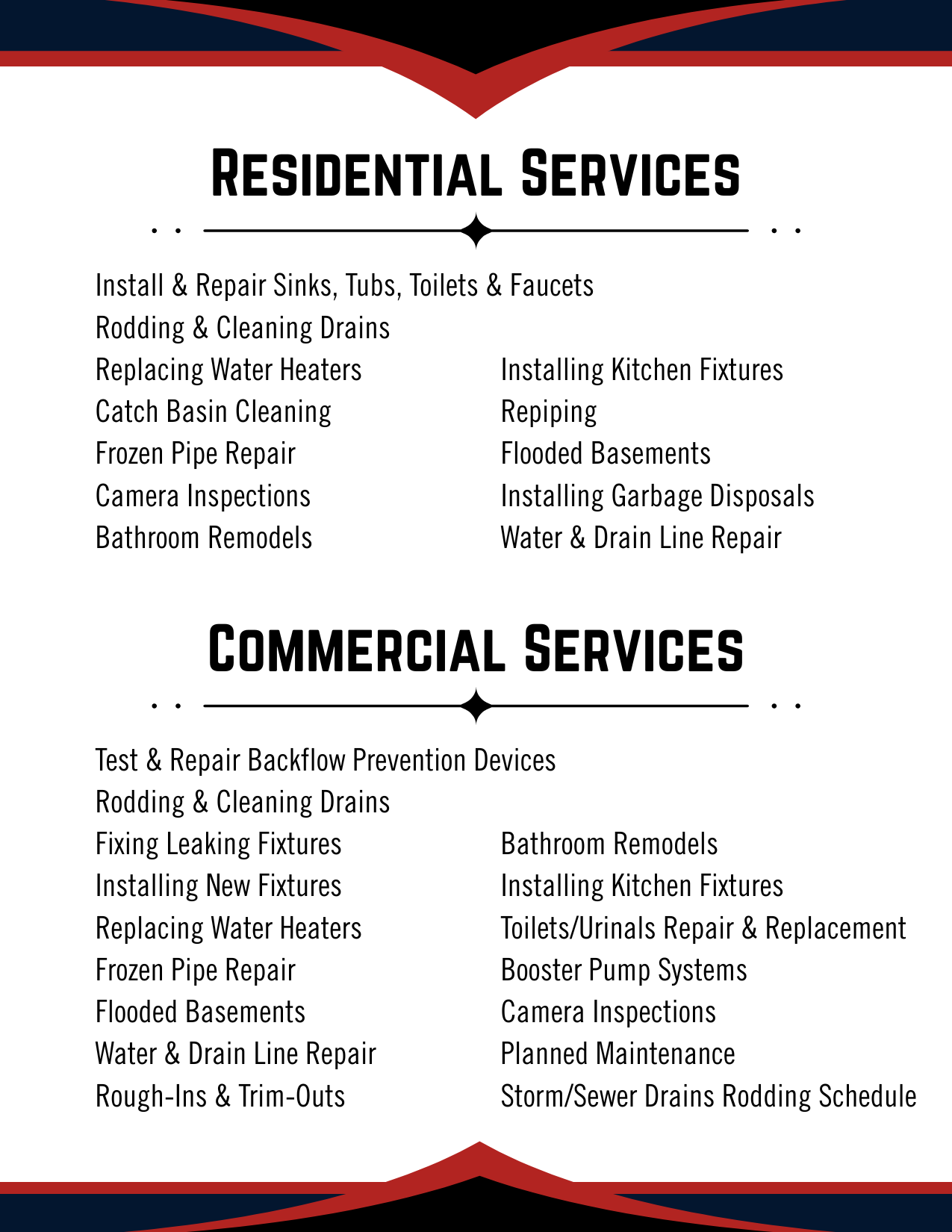 List of residential and commercial plumbing services including installing fixtures, repairing leaks, inspecting systems, and maintenance.