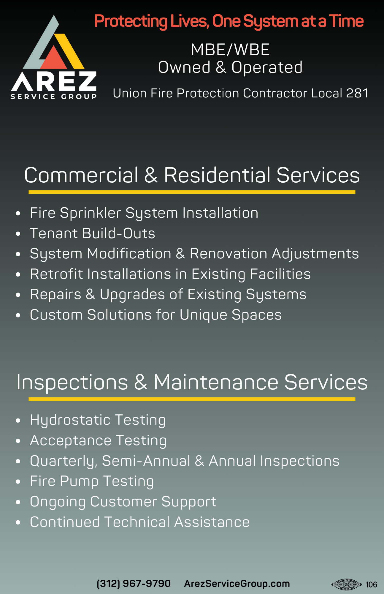 Flyer for Arez Service Group advertising commercial and residential fire protection services, including sprinkler system installation, retrofitting, repairs, and inspections, with contact details and slogan "Protecting Lives, One System at a Time."