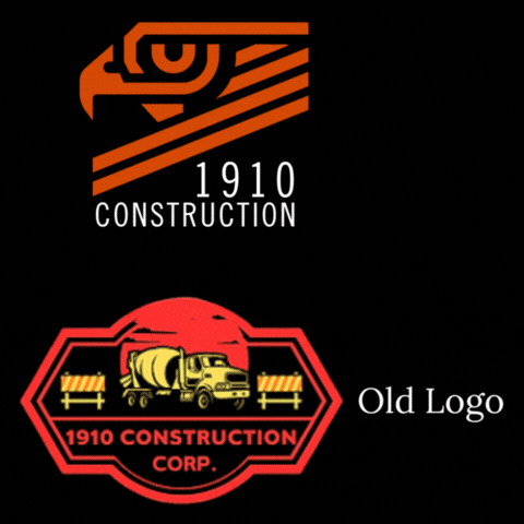 Comparison of two construction logos, one from 1910 with a stylized eagle and the other newer with a cement mixer truck and barricades.