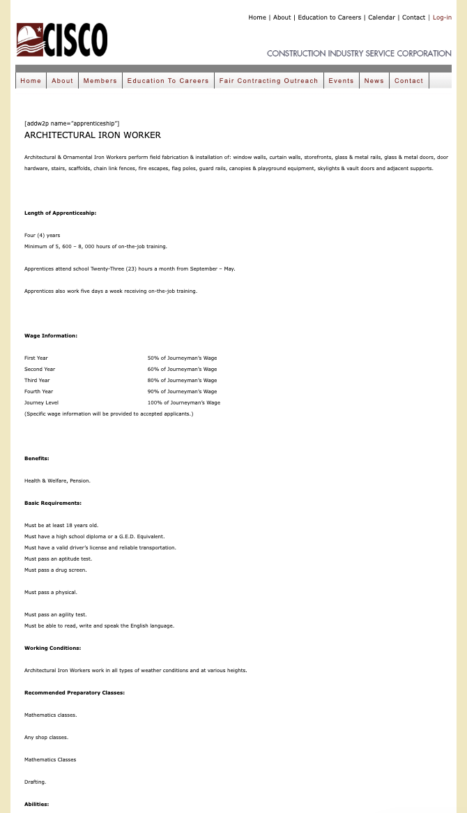 A webpage details the role and apprenticeship of an Architectural Iron Worker with wage info, skills, and health requirements.