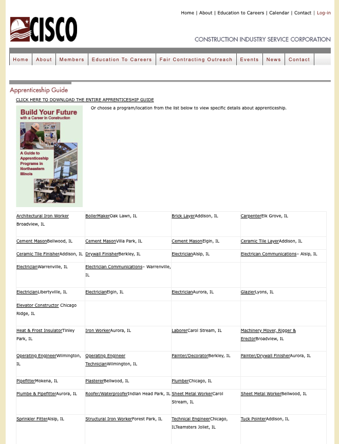 Webpage listing apprenticeship programs with a Build Your Future flyer, company names, and job titles in a table.