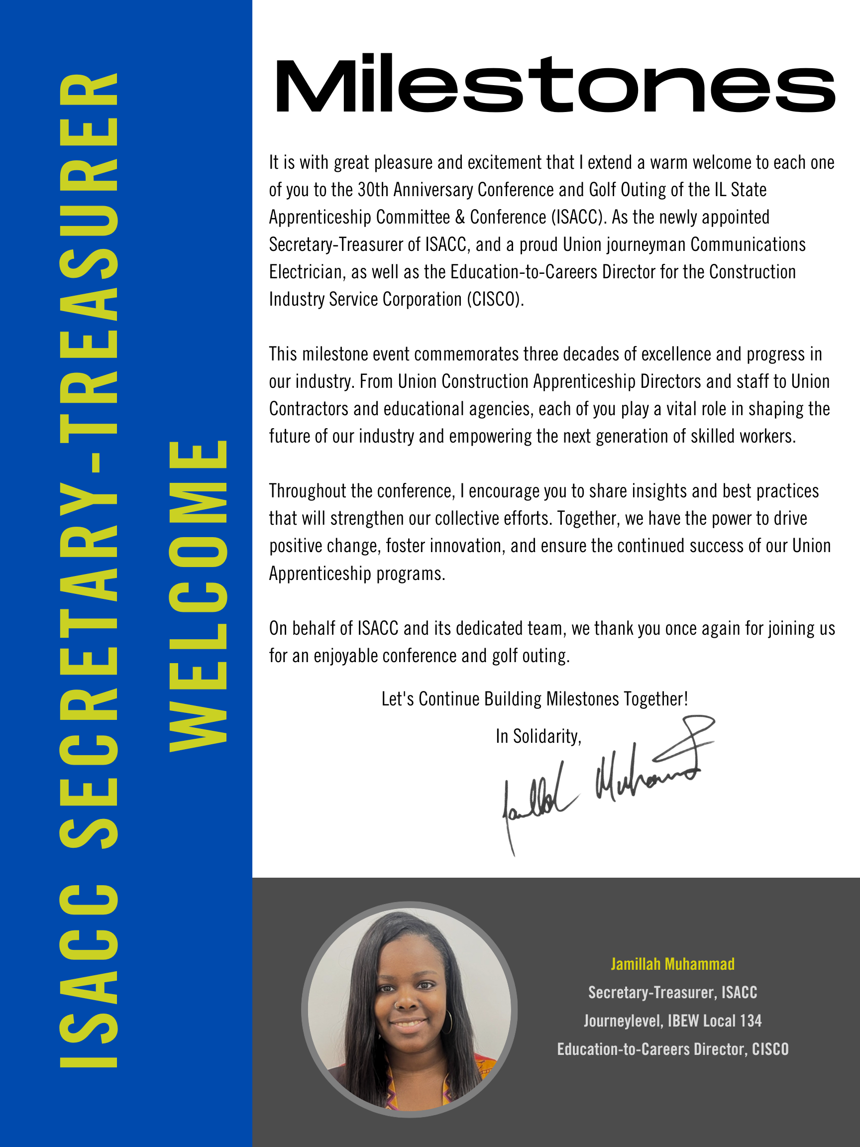 Celebratory announcement for the 30th anniversary of IL State Apprenticeship Committee with a message of gratitude and milestones, featuring a profile picture of Jamillah Muhammad. The design includes a prominent blue and gray color scheme, large bold text highlighting the milestone, and a handwritten signature.