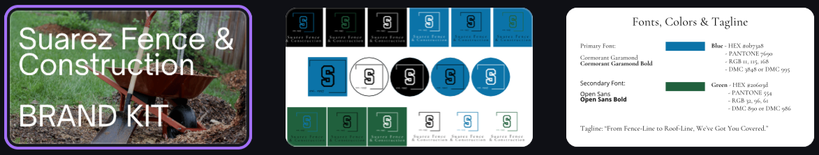 A brand kit for Suarez Fence & Construction showing logo designs, font choices, and tagline options.