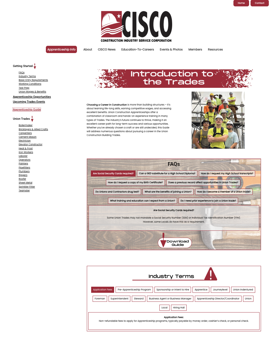 Screenshot of a website page about apprenticeships in construction trades, with menus, FAQs, and a group photo of workers.