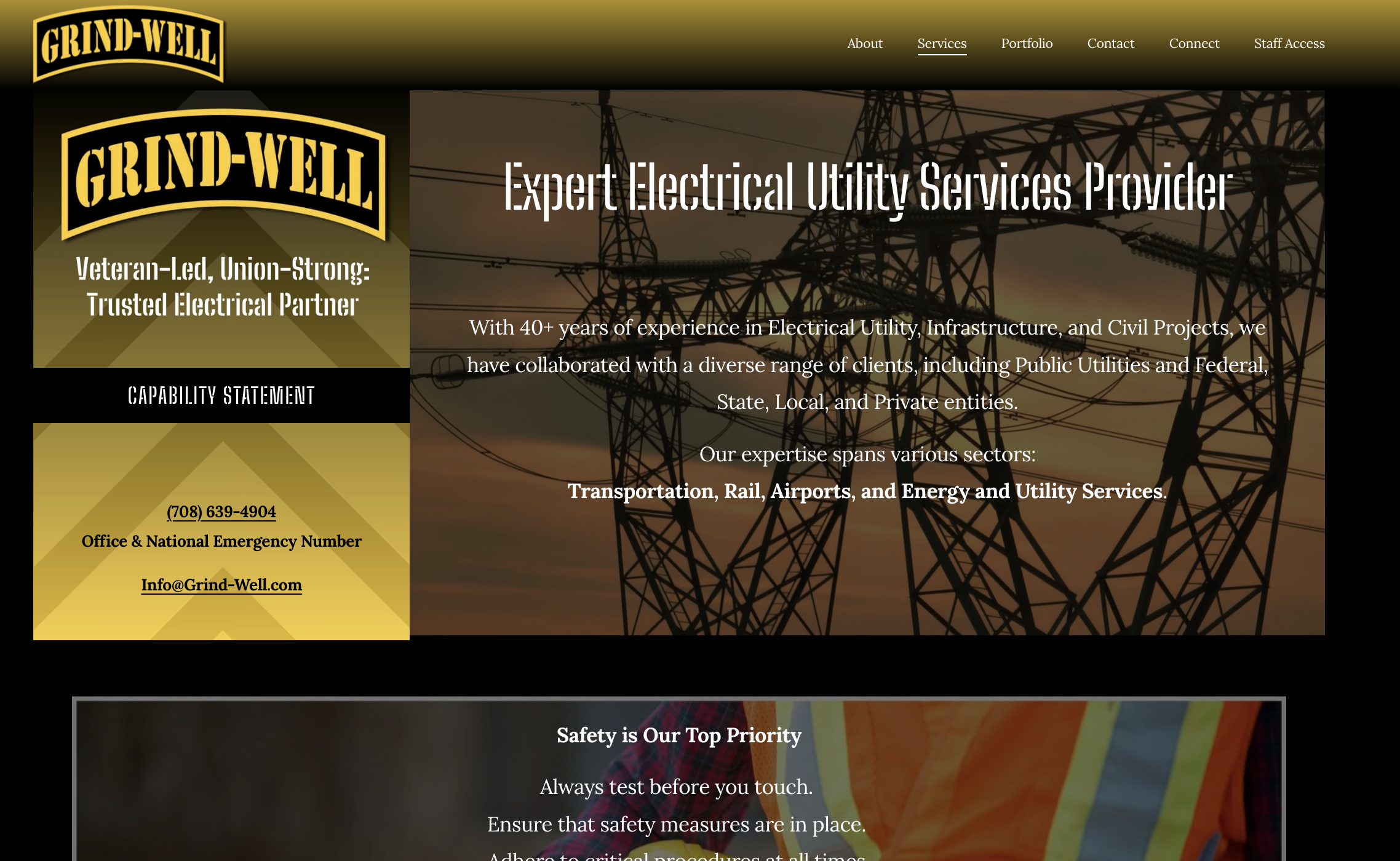 Website homepage for Grind-Well, an electrical utility services provider, featuring an image of electrical power lines at sunset with text about experience and services in electrical utility, infrastructure, and civil projects.