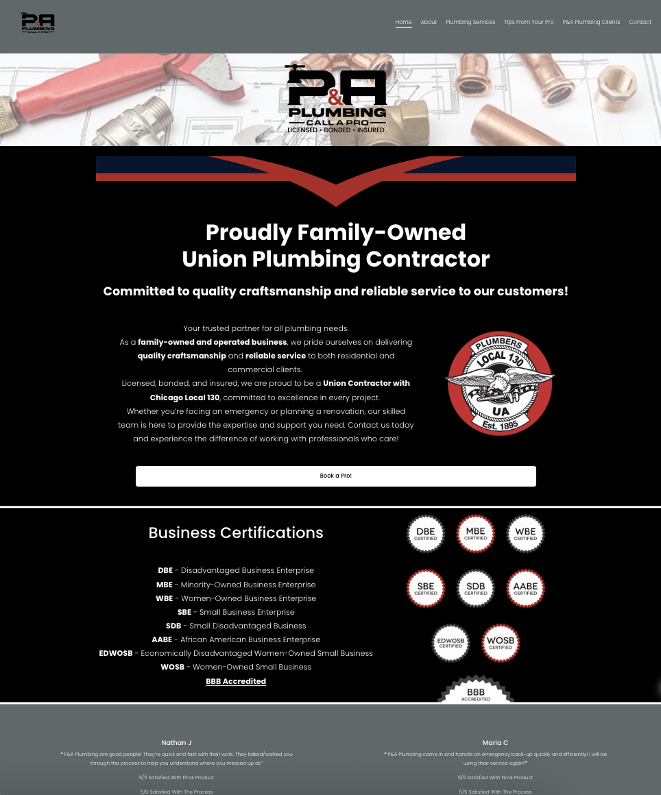 Screenshot of a plumbing company's website featuring plumbing tools, a company logo, and information about services and certifications.