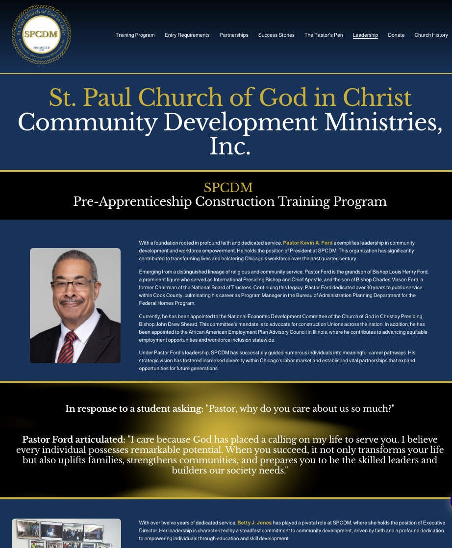 Website page for St. Paul Church of God in Christ, featuring info on a construction training program and profiles of key team members.