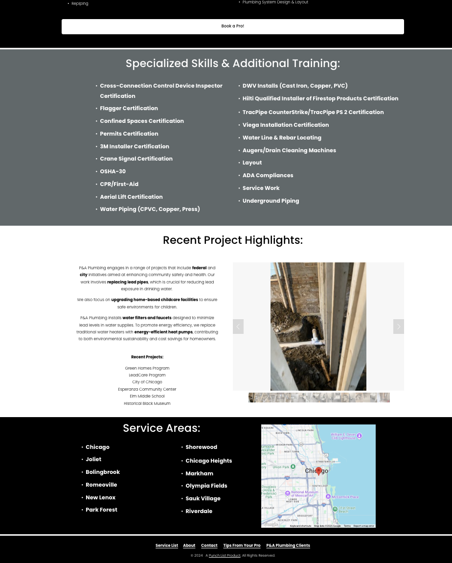 A webpage demonstrating plumbing services and certifications, project highlights, and service areas in Chicago and nearby locations, with a photo of a pipe installation and a map of Chicago.