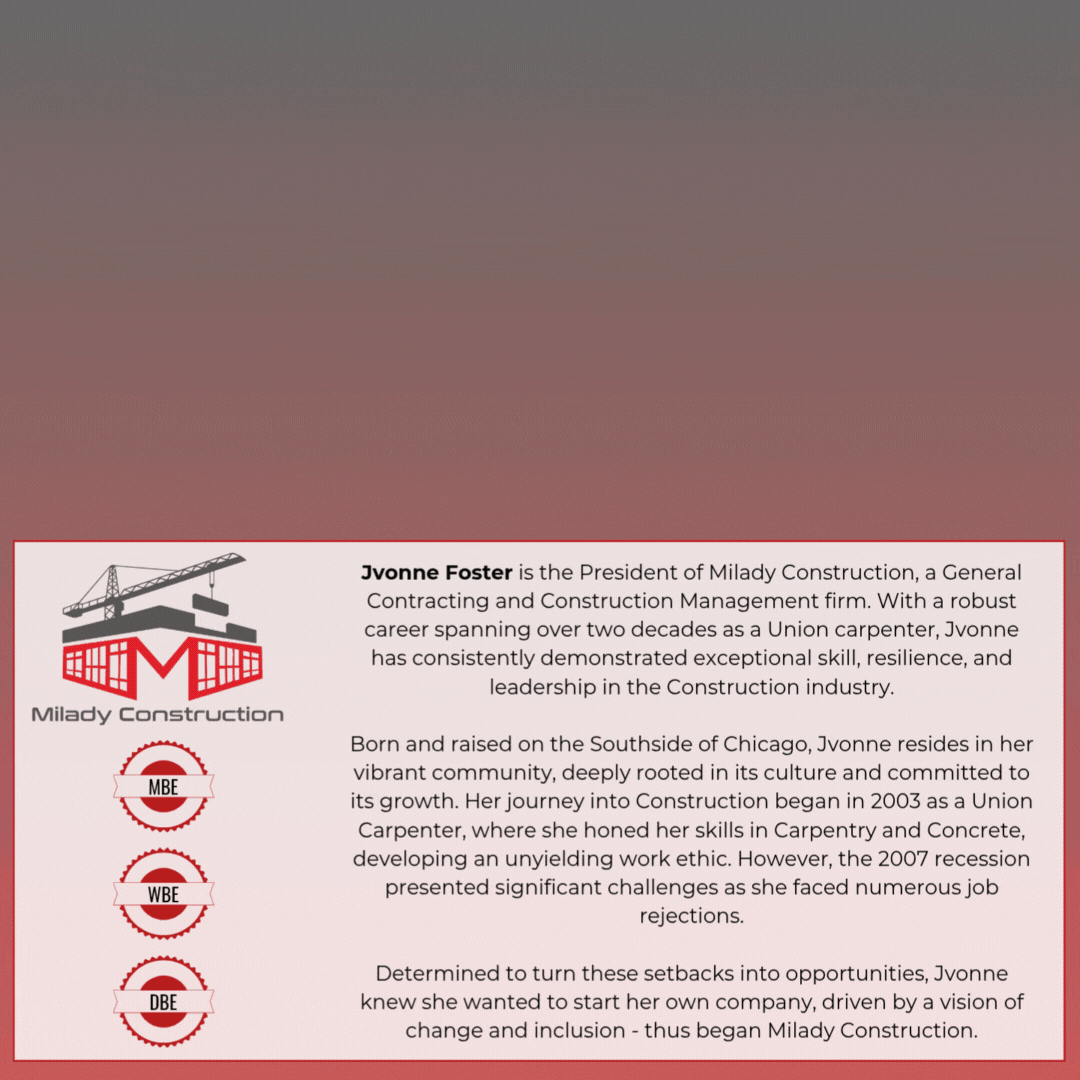 Profile description of Jvonne Foster, President of Milady Construction, with logos for MBE, WBE, and DBE certifications, and a construction crane graphic.