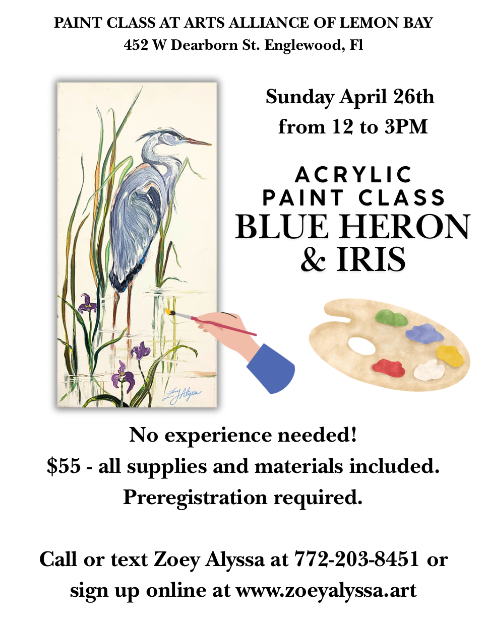04/26 Sunday AT 12-3 PM “Blue Heron & Purple Iris” ACRYLIC PAINTING WITH ZOEY ALYSSA