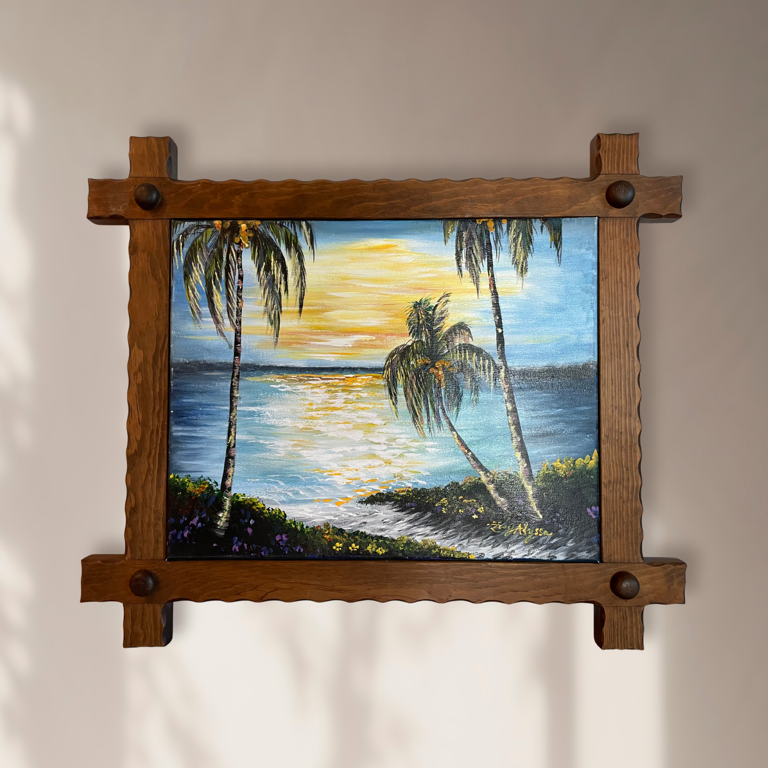 Framed Original Painting of Coastal Palm Trees Backlit by a Glowing Sky and Shimmering Water