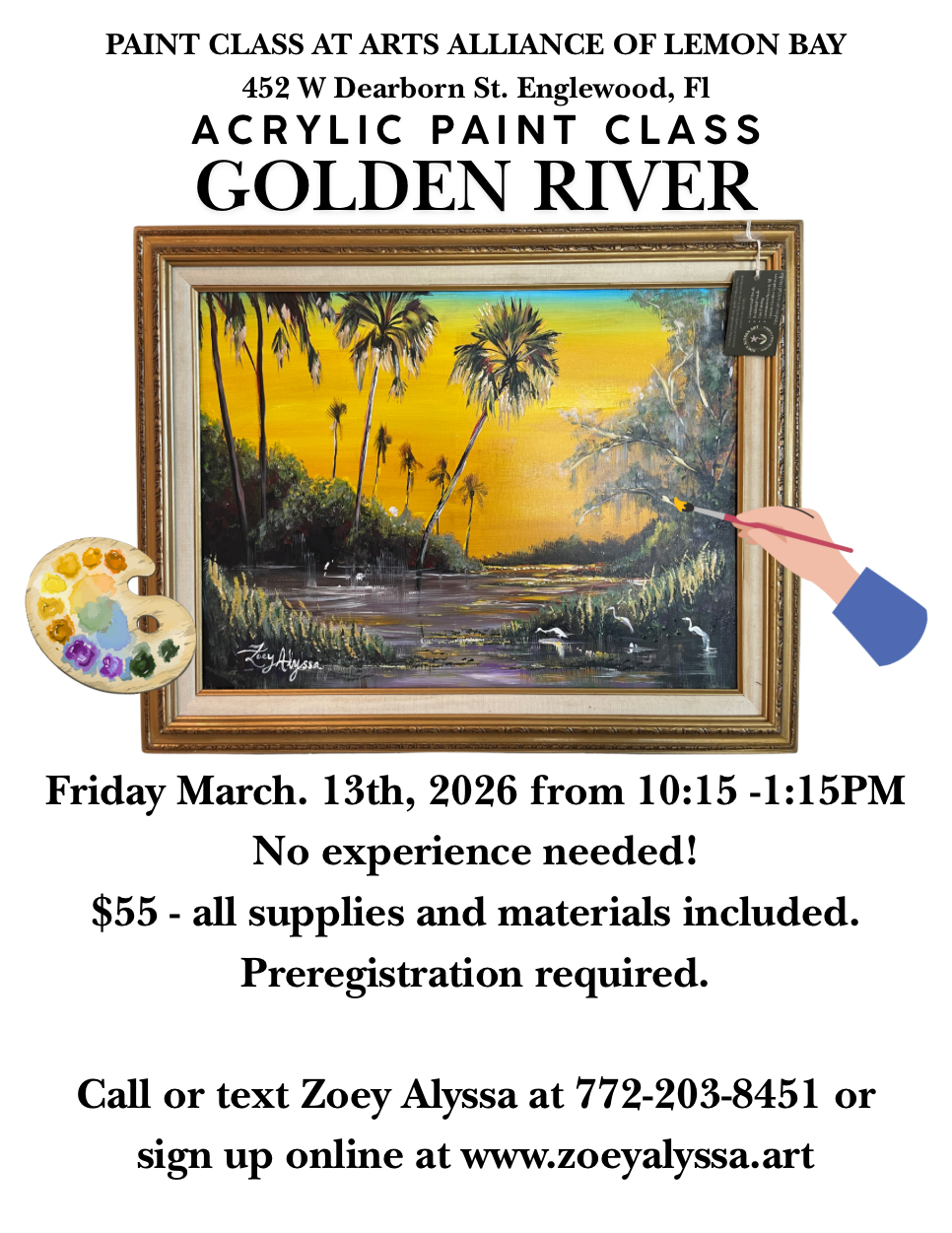 03/13 Friday AT 10:15-1:15 PM “Golden River” ACRYLIC PAINTING WITH ZOEY ALYSSA