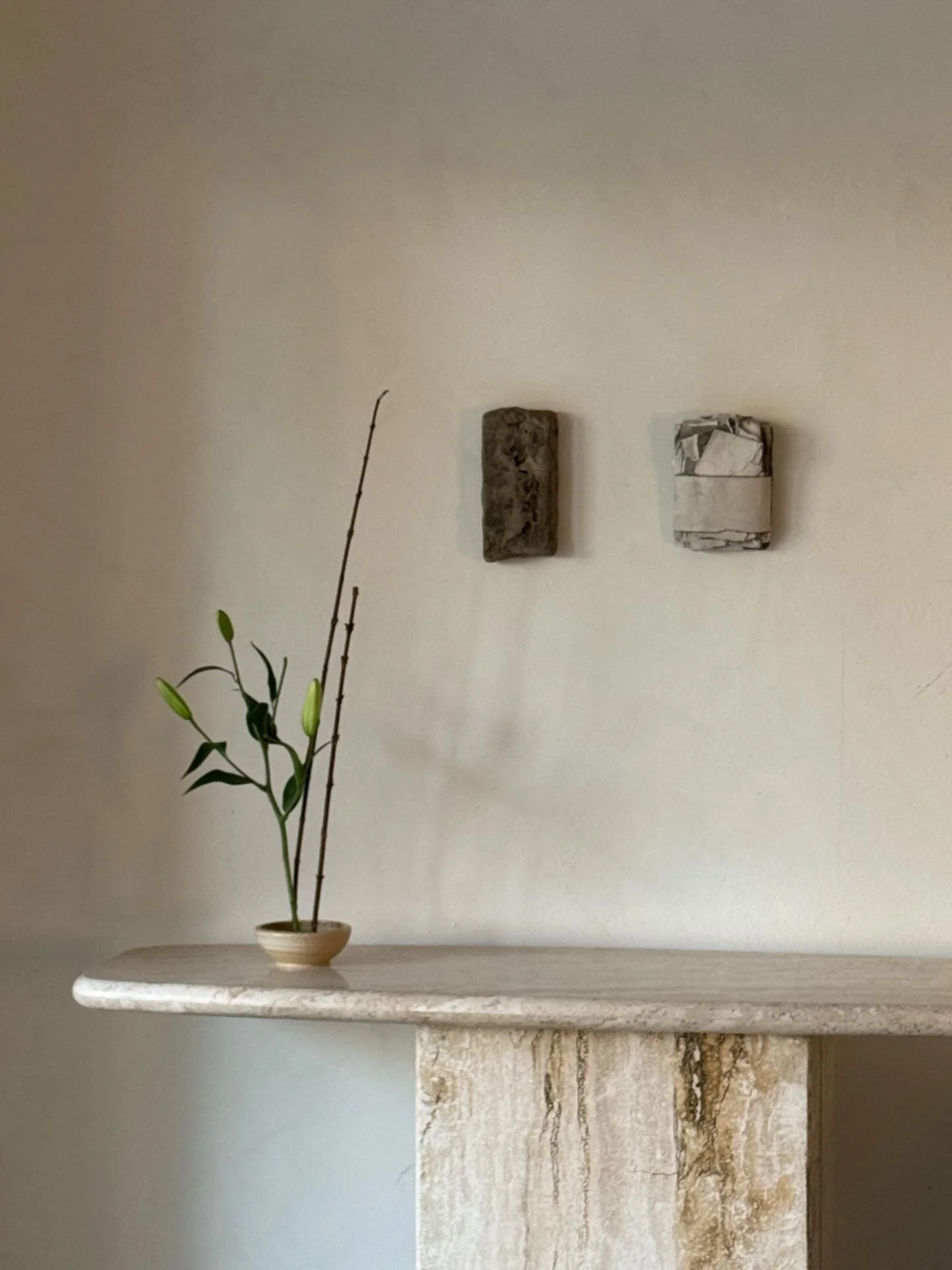From my first exhibition, Balance &mdash; now living at my Saint Andrews project.

Art, material, and nature in quiet conversation.
Ikebana by me.
