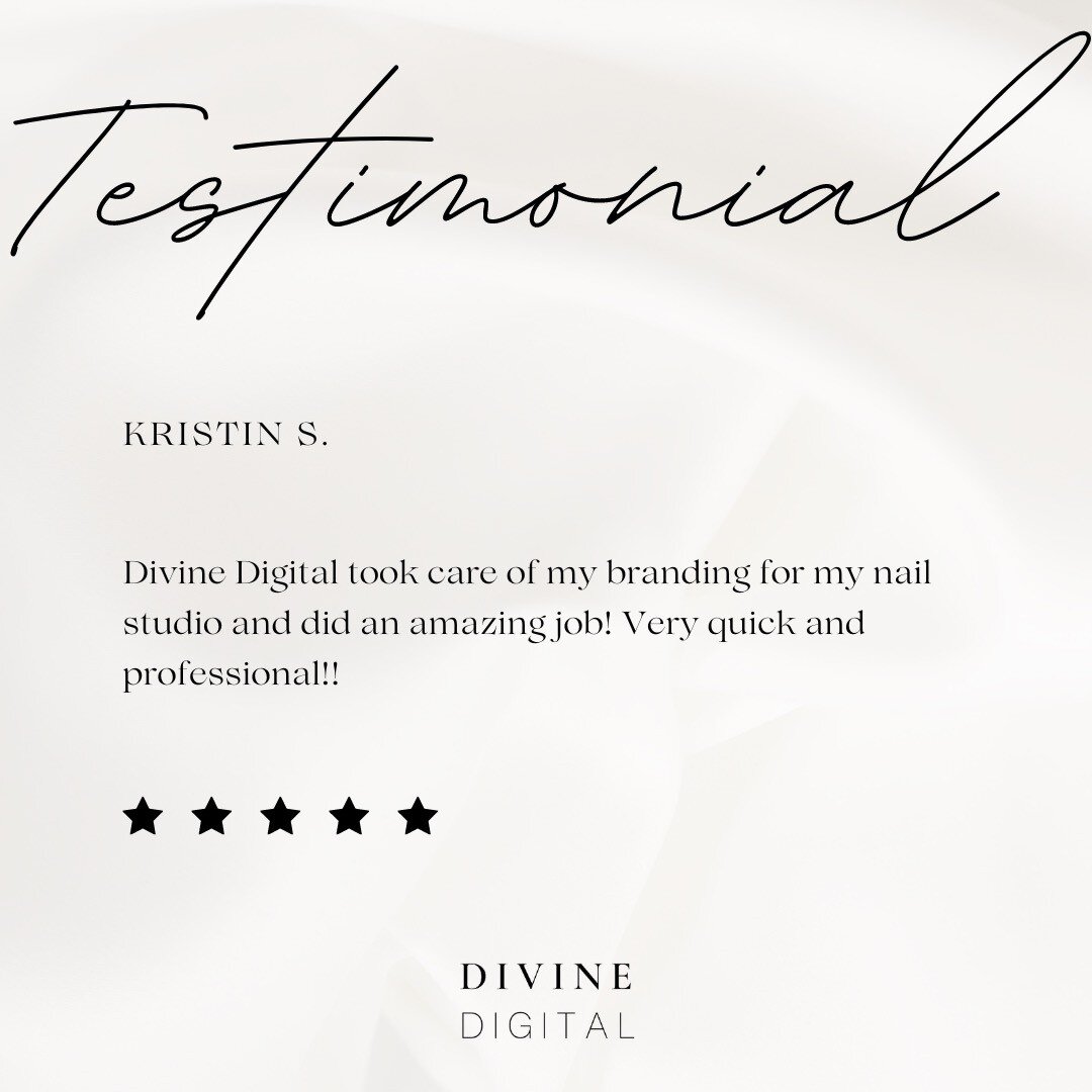 We love a five star review! 💫

Thank you for your amazing review, Kristin S.! 

The Divine Digital team is dedicated to helping our clients be seen, heard and understood by their target audience. If you need a logo design or assistance with branding