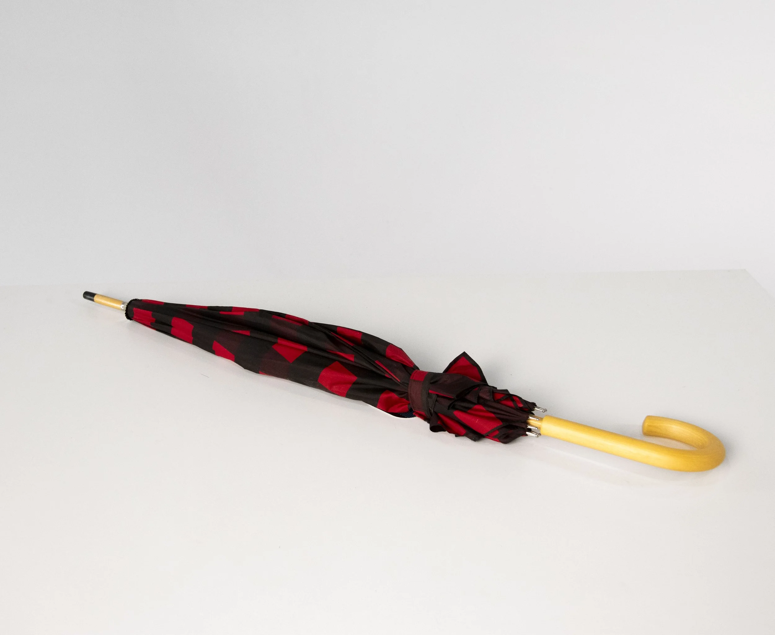 Red Plaid Umbrella with Wood Handle