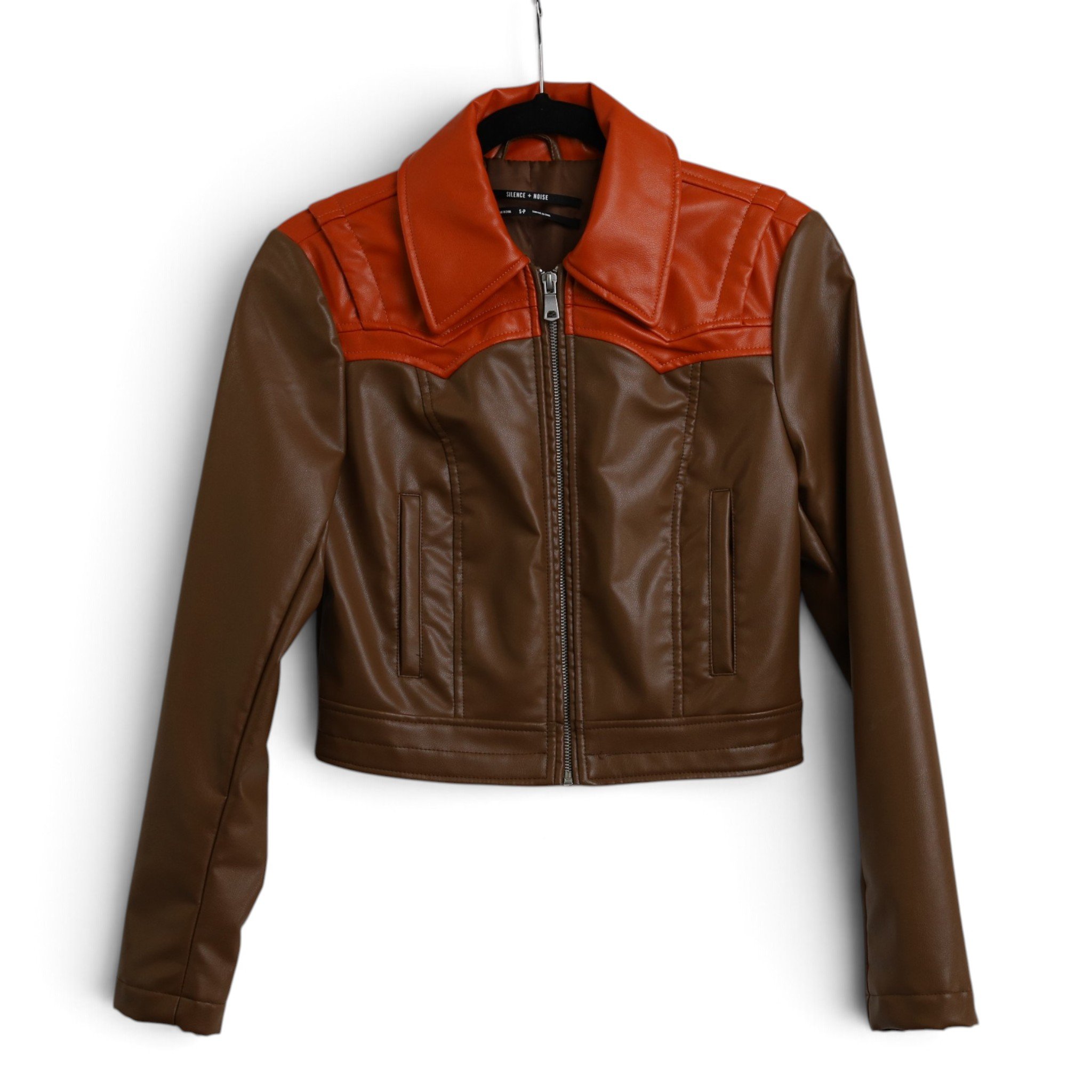 Brown And Orange Faux Leather Cropped Jacket