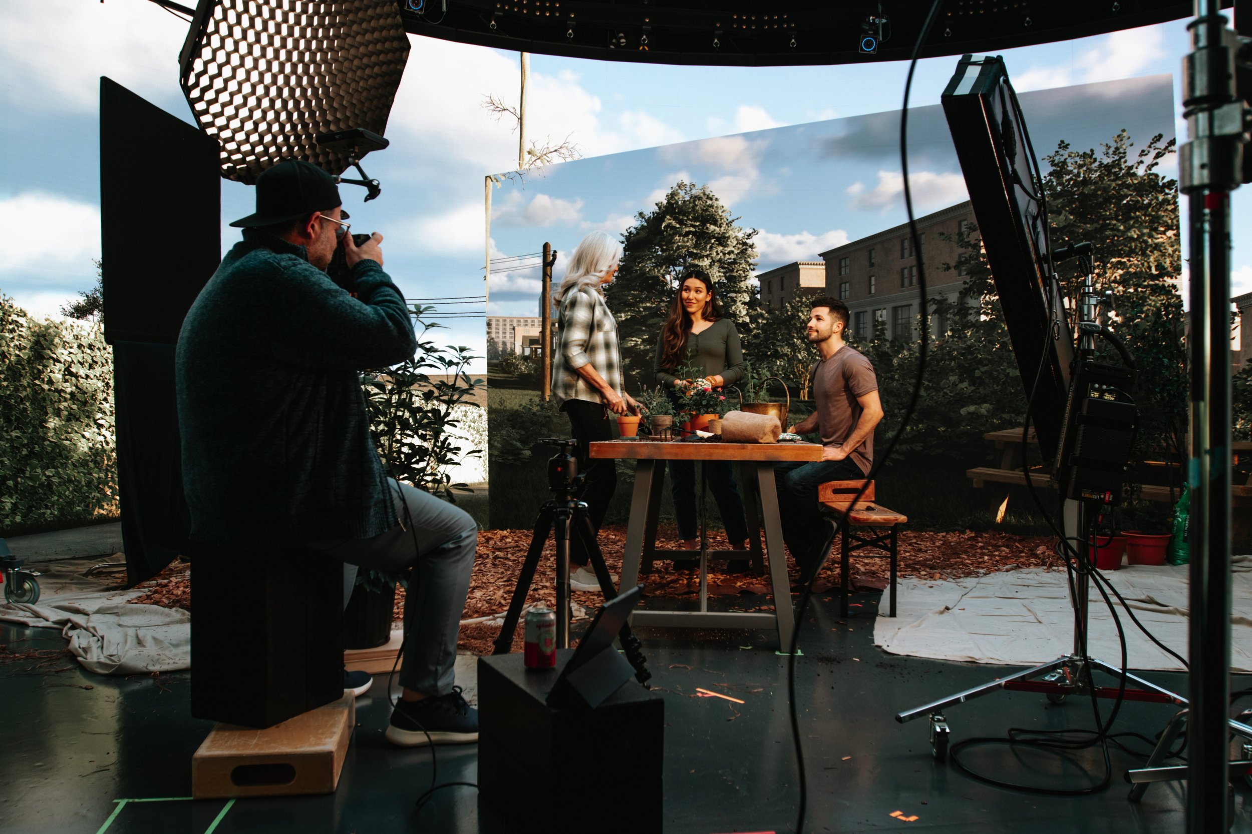 Brand lifestyle photography on LED volume stage with extended nature Unreal Engine virtual environment