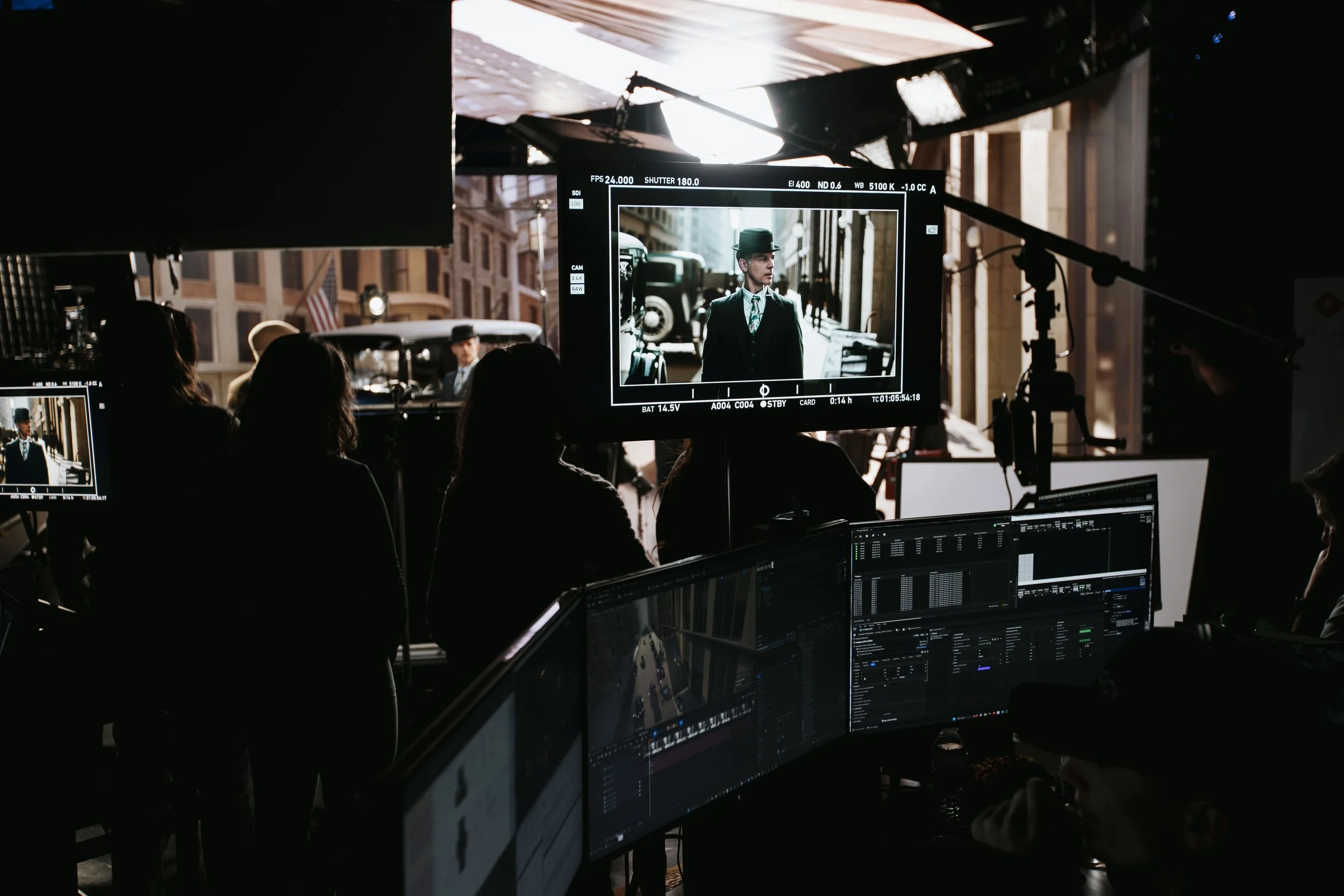 Camera monitor showing live LED volume virtual production environment