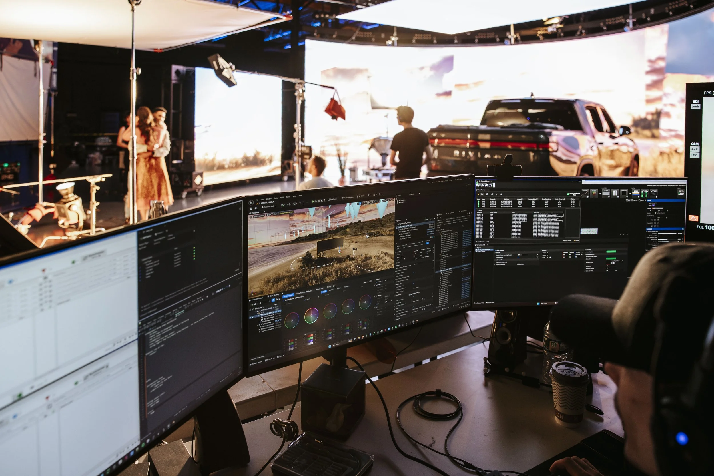 Virtual production workstation controlling Unreal Engine environment for LED wall stage