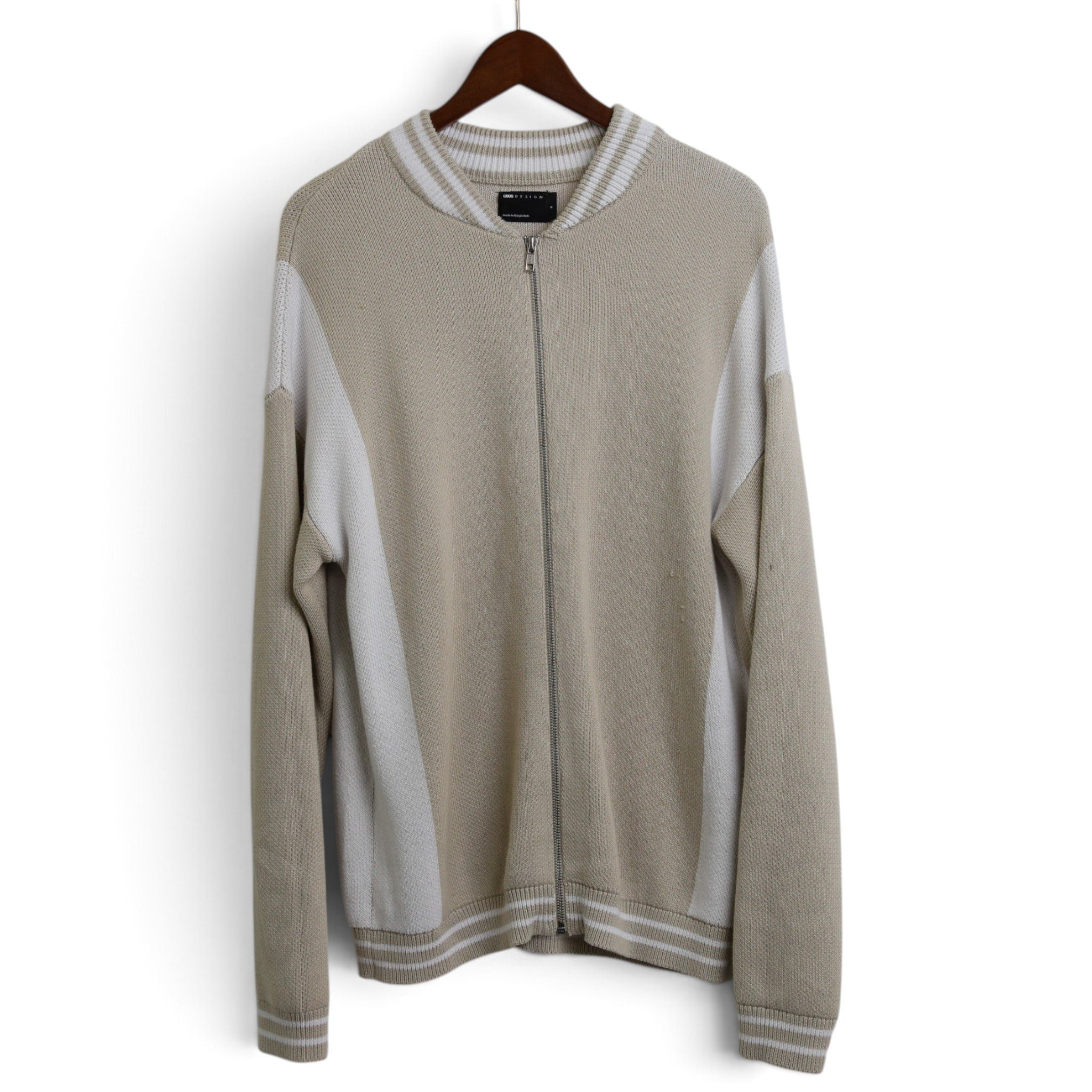 Beige And White Knit Zip Up Jacket