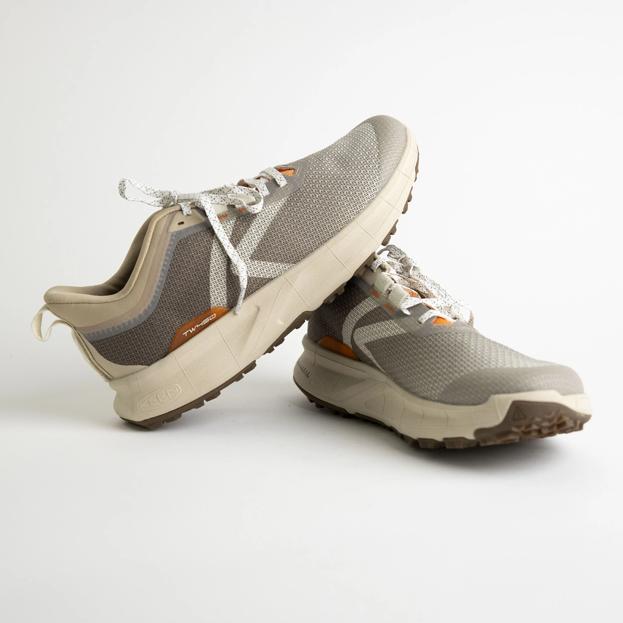 Brown And Tan Sneakers With Orange Accents