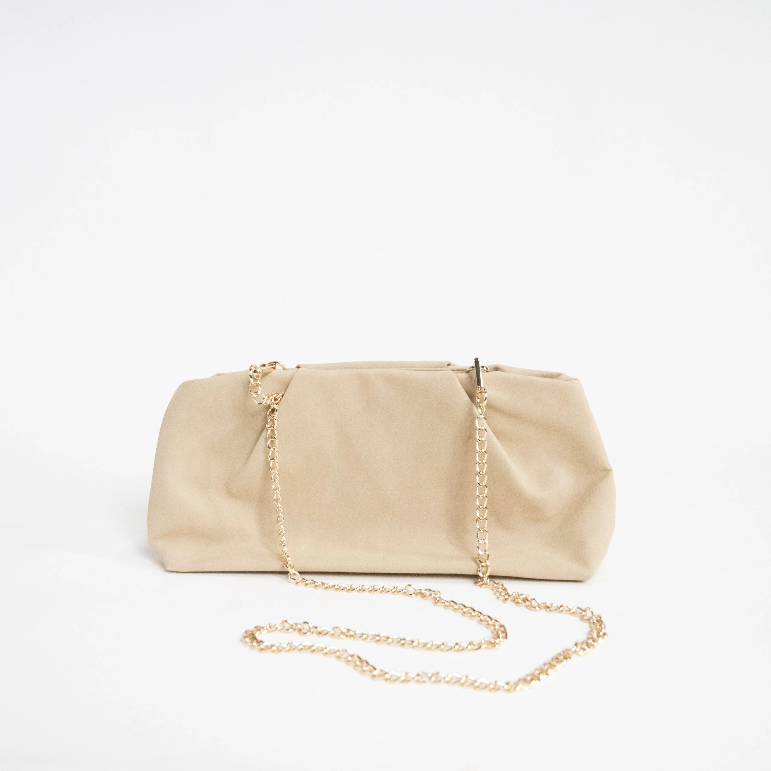 Beige Leather Clutch / Gold Chain Purse
