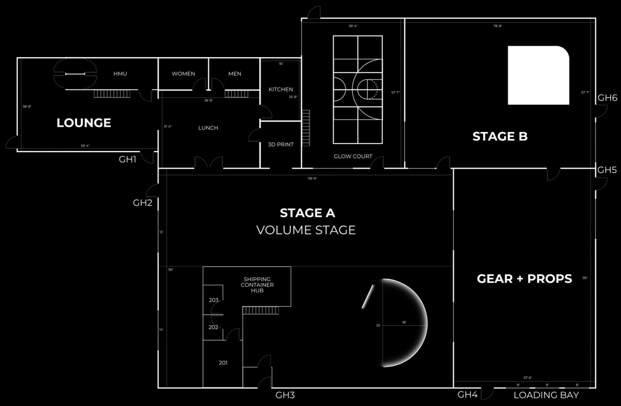 Golden Hour by IDEOLOGY studio map and blueprint showing individual room layouts and dimensions of the production facility.