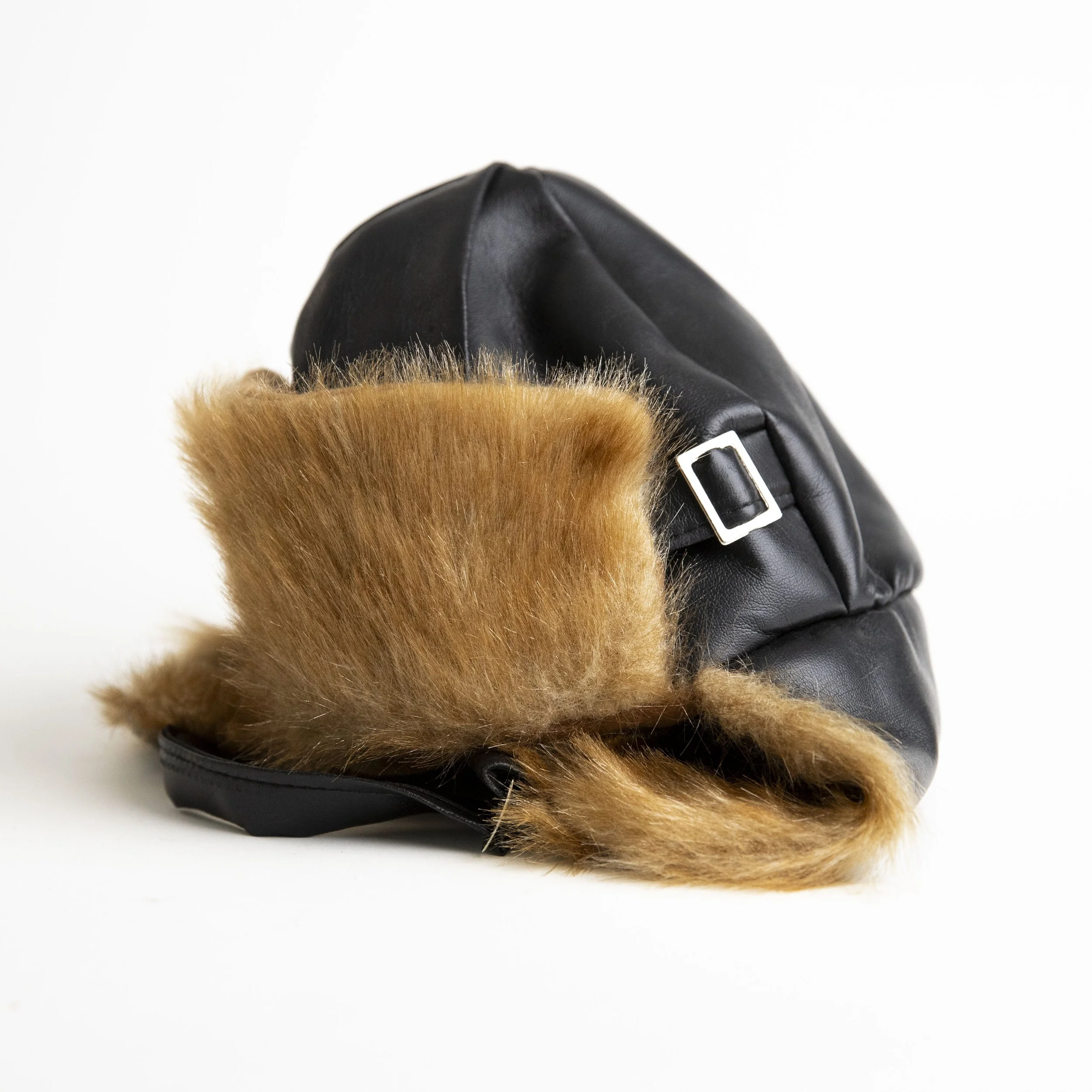 Black Aviator Hat With Brown Faux Fur Lining And Chin Buckle
