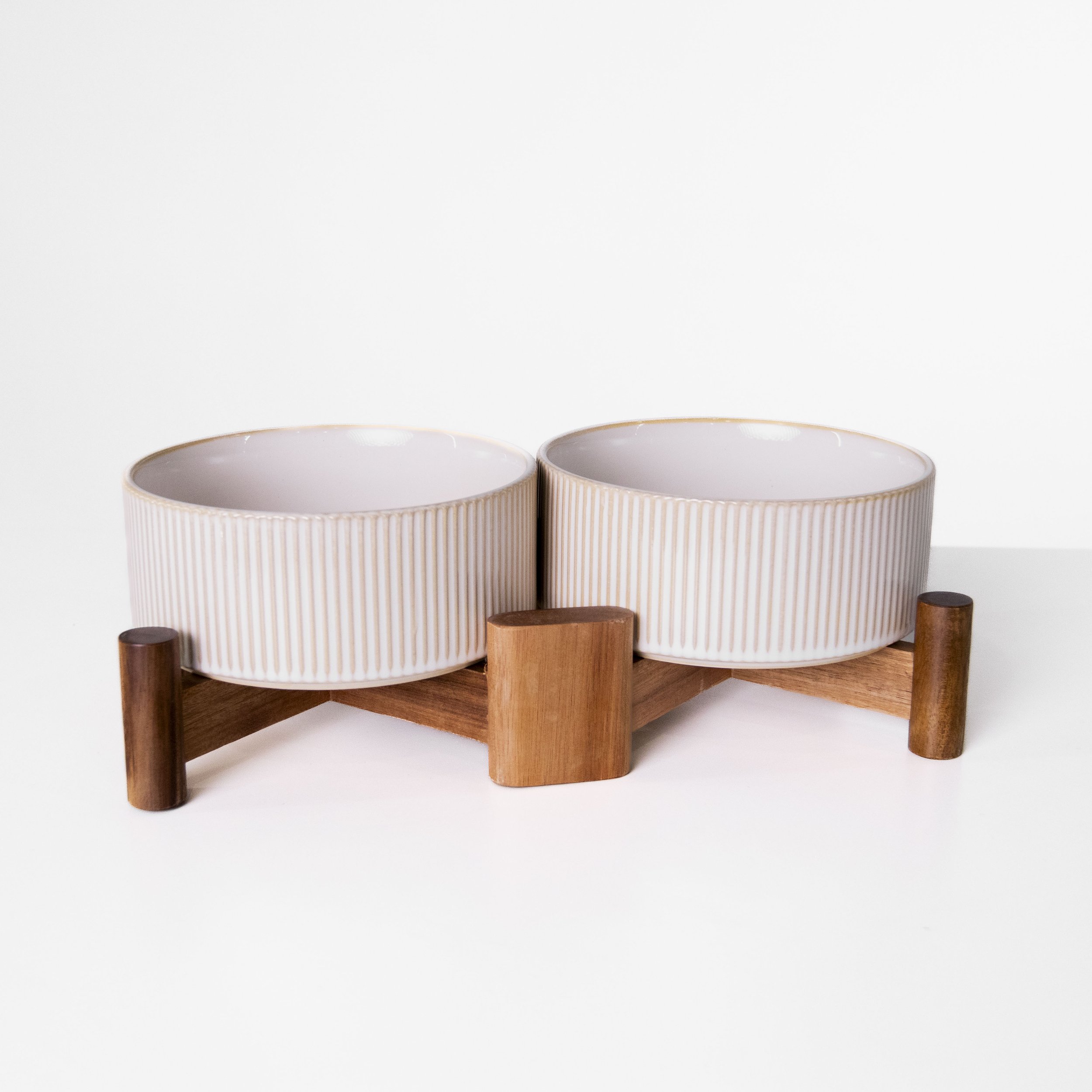 Ribbed Food/Water Bowls on Wood Stand