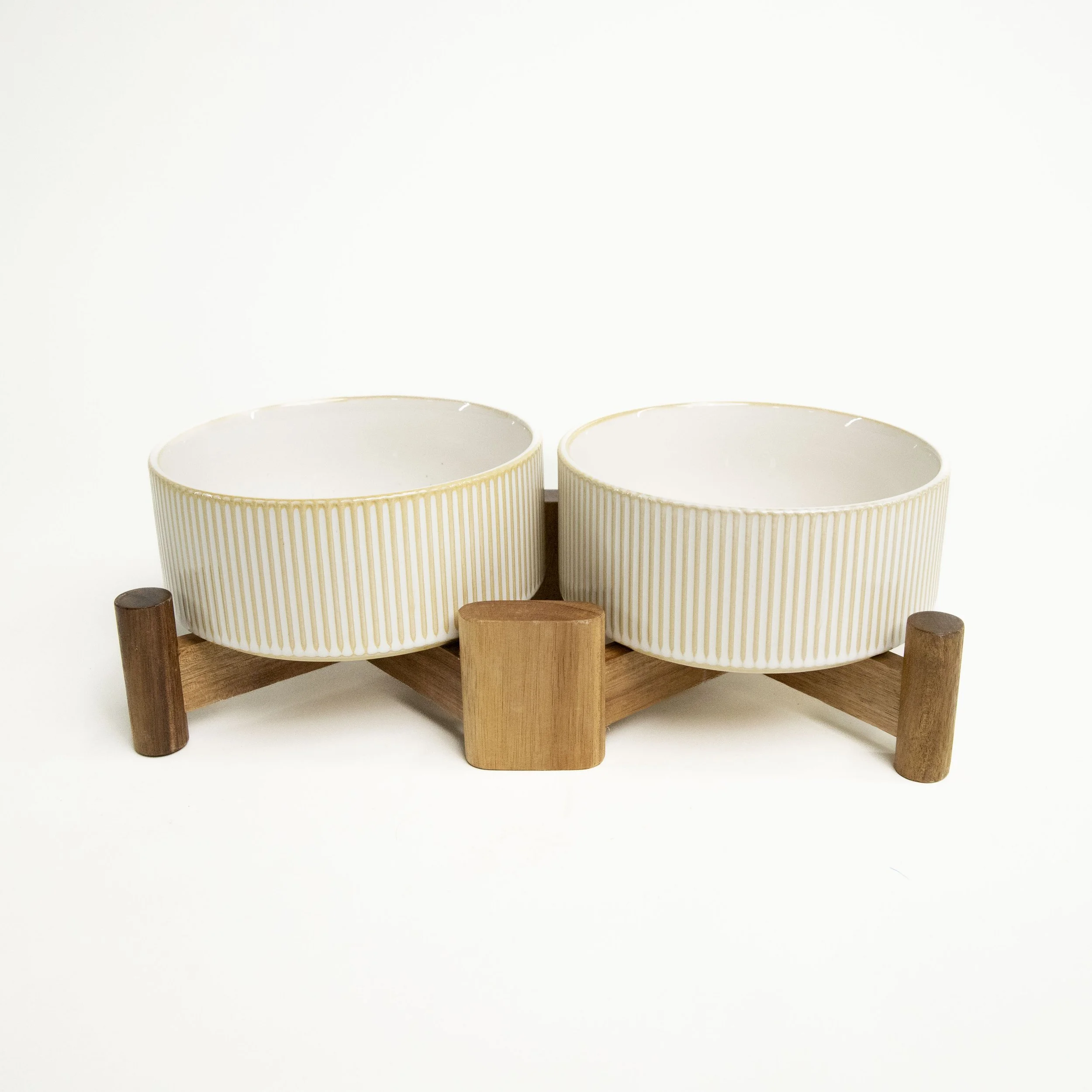 Ribbed Food/Water Bowls on Wood Stand