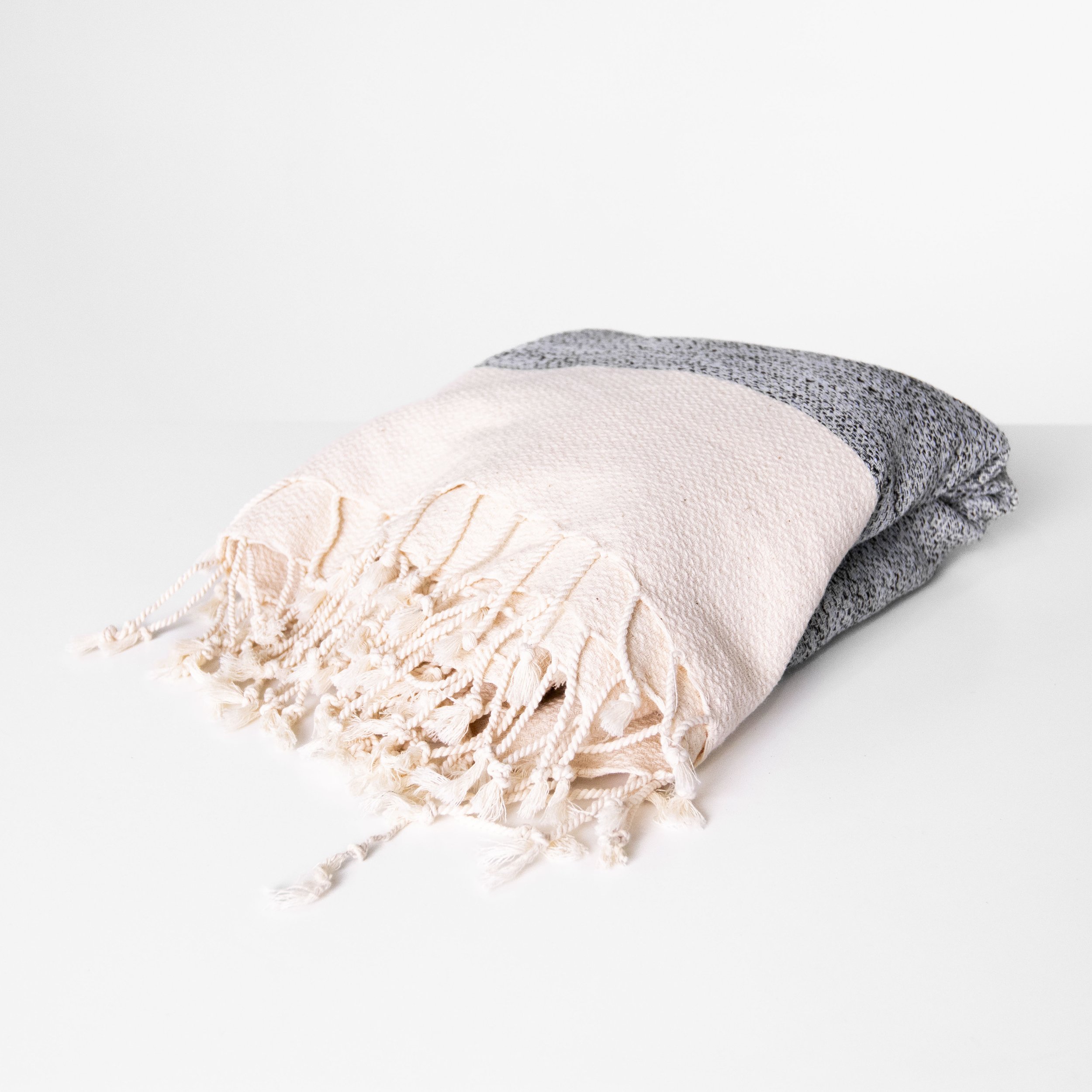 Blue and Beige Patterned Fringe Blanket